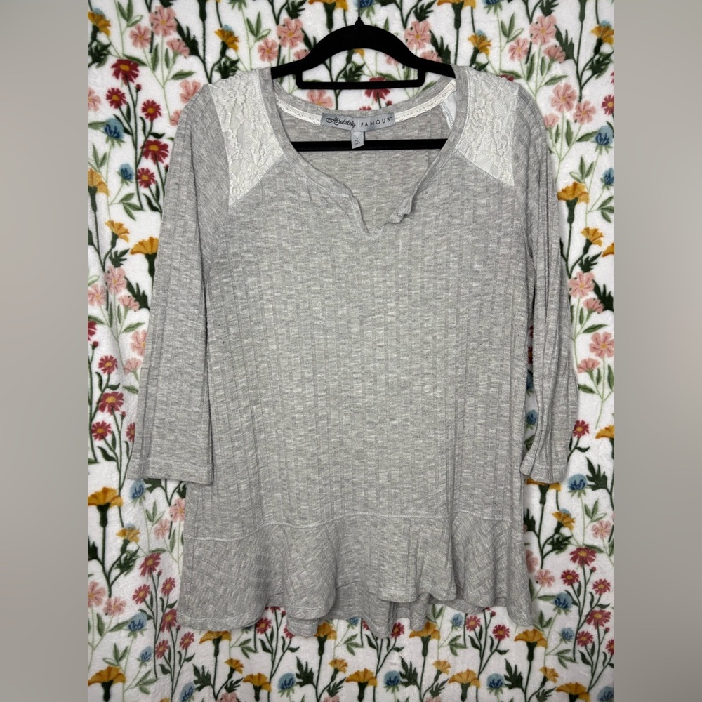 Absolutely Famous Light Gray Lace-Shoulder Peplum Tunic
